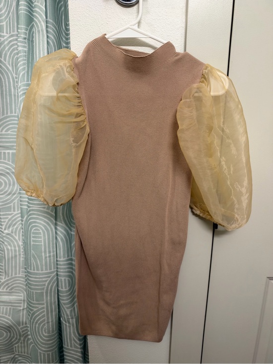 Dresses & Skirts - Sheer Puff Sleeve Knit Dress - Brown & Tan